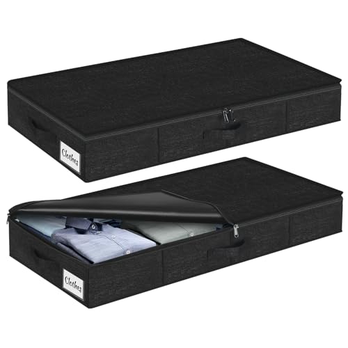 Under Bed Storage Container Bins 2 Pack, 5 Inch Thin Low Profile Underbed Clothes Storage Organizer for Dorm & Home, Use for Blanket and Toy Storage Box W/ Sturdy Bottom/Sides, Foldable Thick Fabric - color: Black-2 Pack, size: 5in-thin