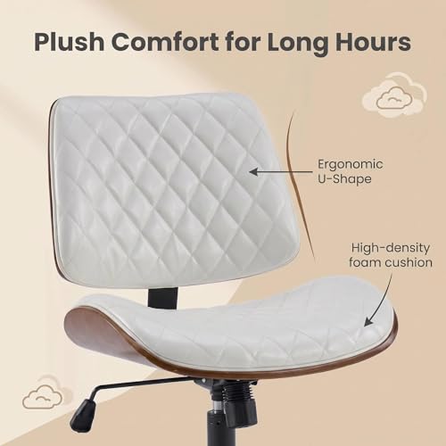 Furnimart Wooden Armless Desk Chair with Wheels, 360° Swivel Faux Leather Vanity Chair for Bedroom, Small Office Computer Task Chair for Home & Compact Spaces (PU White) - color: Pu-white