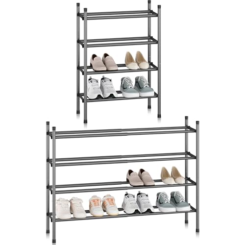 STORAGE MANIAC Expandable Shoe Rack, 16 Pairs Stackable Small Shoe Rack, Metal Adjustable Shoes Organizer for Closet, Entryway, Hallway, Garage, Front Door, Shoes Shelves, Black 4 Tier - color: Black, size: 4 Tier