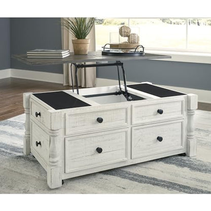 Signature Design by Ashley Havalance Lift-Top Coffee Table with Storage | Pine wood, Pine veneer and engineered wood, Two-tone distressed finish, 4 storage drawers, Casters, White and gray