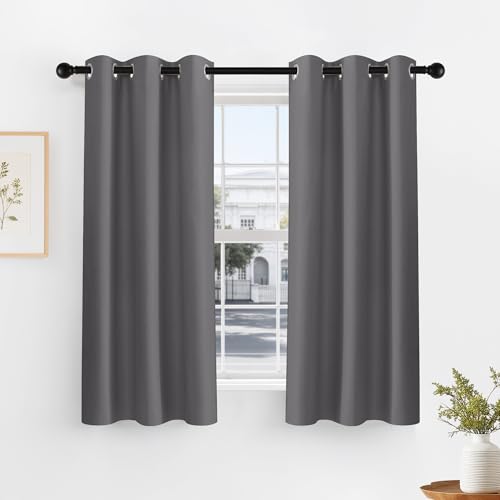 PONY DANCE Grey Short Blackout Curtains for Kitchen 45 Inch Length | Thermal Insulated Grommet Curtains for Bedroom, Black Out Drapes for Bathroom Small Window (2 Panels Set, 34 inches Wide) - color: Grey, size: 34"W x 45"L (Pack of 2)