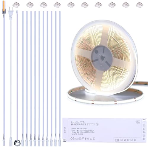 BENLUN 12V COB LED Under Cabinet Strip Lighting Cuttable 32.8ft for Kitchen | 6000K Cool White LED Strip Lights Dimmable Adhesive 8W/M CRI 93 with Dimmer and Power Supply for Bookcase Shelf Display - color: Cool White 6000K