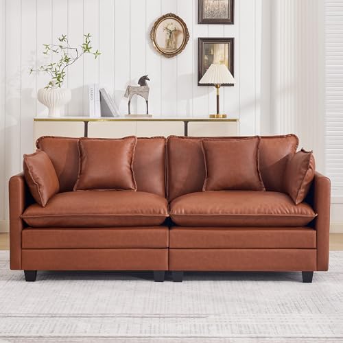 76'' Cloud Deep Seat Loveseat, Upholstered Leather Modular 2-Seats Sectional Sofa Couch, Modern Comfy Settee Loveseat for Living Room Set, Small Apartment, Leather Brown - color: Pu-dark Brown, size: 76'' Loveseat