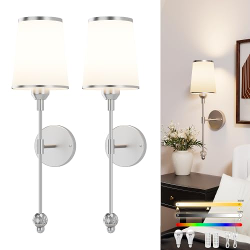 PAIHOME Brushed Nickel Wall Sconces Set of 2 Battery Operated Wall Lights | Battery Powered, Large Capacity, Wireless,Rechargeable,15 Color Modes, Memory Function, Mid-century Design,Smart Timer - color: Nickel