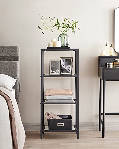 VASAGLE Bookcase, 4-Tier Bookshelf, Slim Shelving Unit for Bedroom, Bathroom, Home Office, Tempered Glass, Steel Frame, Ink Black ULGT028B61 - color: Ink Black, size: 4 Tiers (15.7"W x 37.4"H)