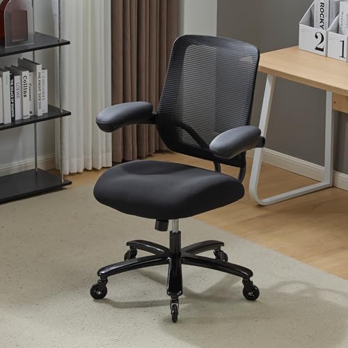 Kassipo Big and Tall Office Chair with Flip-Up Armrests, Black | 500LBS Capacity, Spring-Reinforced Memory Foam Seat & Heavy-Duty Base - color: Black