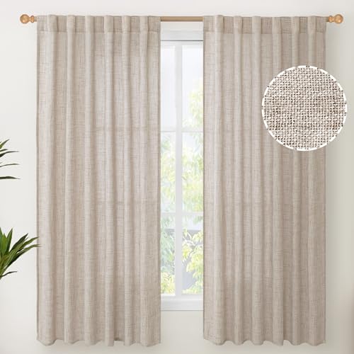 YoungsTex Beige Linen Semi Sheer Curtains 63 Inch Length for Living Room | Light Filtering Drapes with Rod Pocket Back Tab Natural Textured for Country Bedroom Window, 2 Panels, 52 X 63 Inch - color: Natural, size: 52"W x 63"L (Pack of 2)