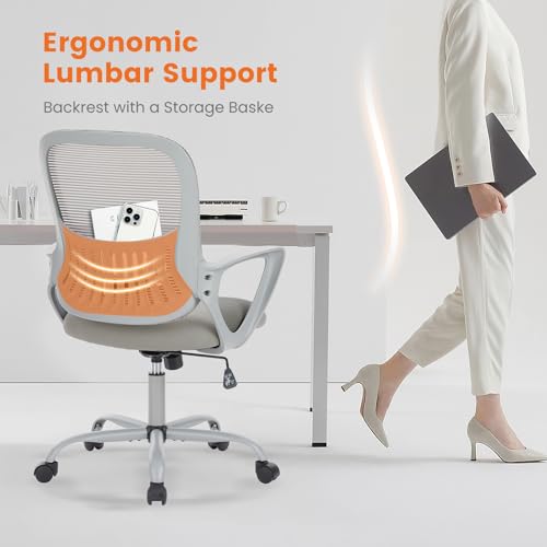 Sweetcrispy Executive Home Office Chair, Mesh Office Chair, Grey | Ergonomic Executive, Adjustable Height, 360° Swivel Wheels, Mid-Back, Comfy Arms, Bedroom, Study, Student - color: Grey, size: 18.5"D&Fixed Arm-Plus