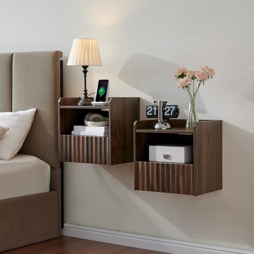 BuildHom Modern Fluted Floating Nightstand Wall Mounted Set of 2- Bedside Table with Storage Drawer & Display Shelf, Minimalist Bedroom Furniture for Studio Apartments (Walnut) - color: Walnut, size: Set of 2