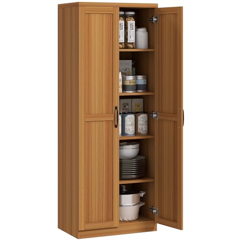 HOMCOM 63" 2-Door Kitchen Pantry 5-Tier Teak Wood Grain | Freestanding Storage Cabinet, Shelving, 2 Adjustable Shelves, for Dining Room - color: Teak Wood Grain