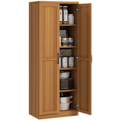 HOMCOM 63" 2-Door Kitchen Pantry 5-Tier Teak Wood Grain | Freestanding Storage Cabinet, Shelving, 2 Adjustable Shelves, for Dining Room - color: Teak Wood Grain