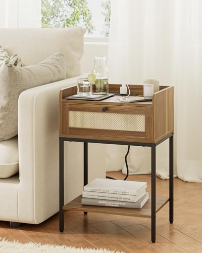 Masupu Nightstand with Charging Station, Modern Bedside Table Night Stand with Storage Drawer and Shelf,Small End Side Table for Bedroom,Living Room,Walnut Brown - color: Outlet-walnut