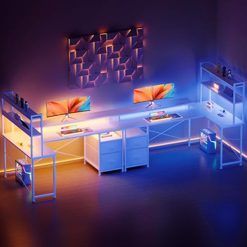 L Shaped Gaming Desk, Reversible with LED Lights, Shelves, White | Reversible, LED lights, Charging, Monitor stand - color: White