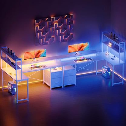 L Shaped Gaming Desk, Reversible with LED Lights, Shelves, White | Reversible, LED lights, Charging, Monitor stand - color: White