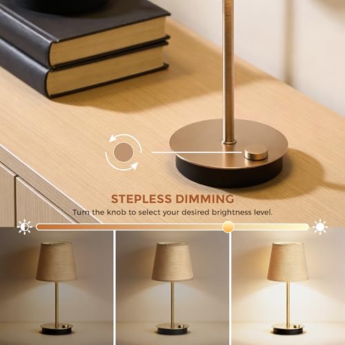 Rechargeable Cordless Table Lamp with Fabric Shade, 2 Pack, Brass | 3600mAh Battery Operated Table Lamp, 2700K Warm Light, Stepless Dimming, for Bedroom, Dining Room, Living Room