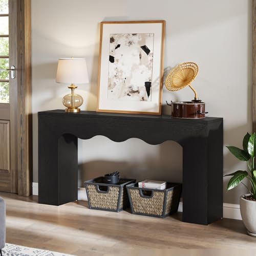 Tribesigns 63" Farmhouse Console Table with Wavy Edge | Wooden Couch Table Behind Sofa with Storage; Long Entryway Sofa Station; Narrow Hallway Stand for Entryway, Living Room - color: Black