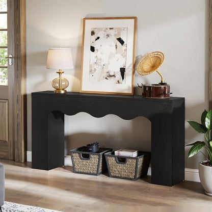 Tribesigns 63" Farmhouse Console Table with Wavy Edge | Wooden Couch Table Behind Sofa with Storage; Long Entryway Sofa Station; Narrow Hallway Stand for Entryway, Living Room - color: Black