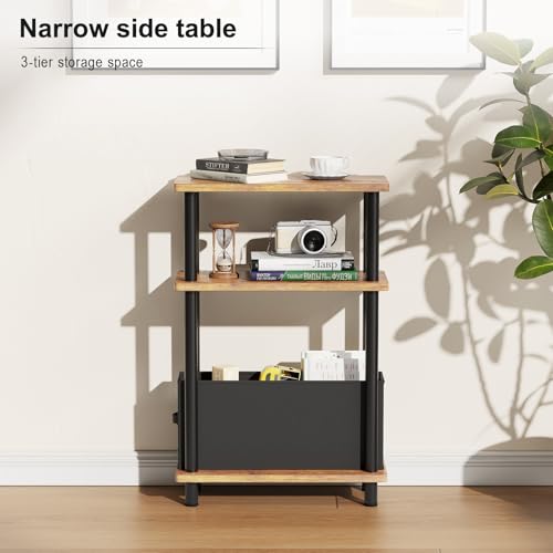Apicizon Narrow Side Table with Fabric Basket, 3-Tier End Table,Brown Black | Sofa Side Table, Wood Storage Shelf, Slim Nightstand, Skinny Bedside Table for Narrow Spaces, Living Room, Bedroom - color: Rustic Brown and Black, style: Narrow Side Table with