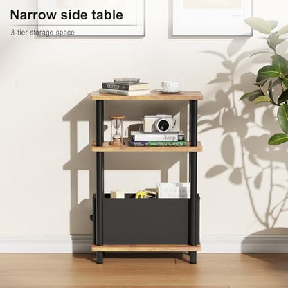 Apicizon Narrow Side Table with Fabric Basket, 3-Tier End Table,Brown Black | Sofa Side Table, Wood Storage Shelf, Slim Nightstand, Skinny Bedside Table for Narrow Spaces, Living Room, Bedroom - color: Rustic Brown and Black, style: Narrow Side Table with