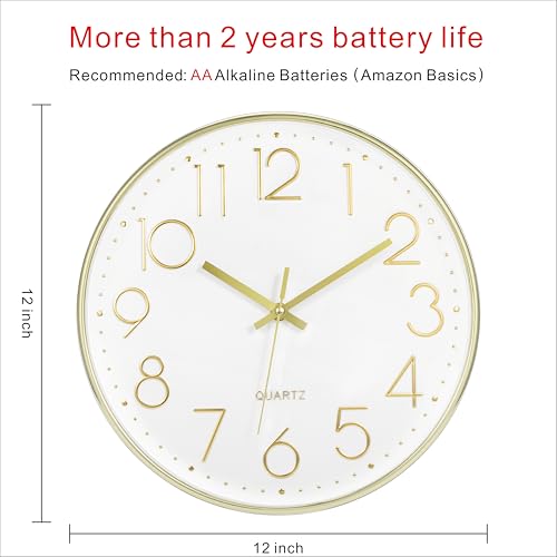 Foxtop 12" Modern Wall Clock Silent Battery Operated Analog Clock, Gold | Non Ticking, Quartz, Round, Easy to Read, Bedroom, Kitchen, Living Room, Office - color: Gold, size: 12 Inch Quartz