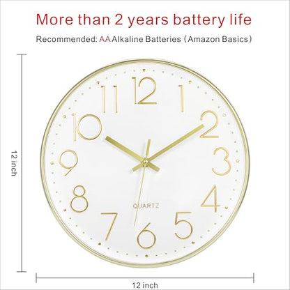 Foxtop 12" Modern Wall Clock Silent Battery Operated Analog Clock, Gold | Non Ticking, Quartz, Round, Easy to Read, Bedroom, Kitchen, Living Room, Office - color: Gold, size: 12 Inch Quartz