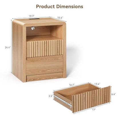LYNSOM Fluted LED Nightstand Set of 2, Charging Station & 2 Drawers, Oak | Mid Century Modern Night Stand with Stoarge, Wood Bedside End Table with Curved Edge for Bedroom, Living Room, Office, 20" W - color: Oak, size: 2 Drawers