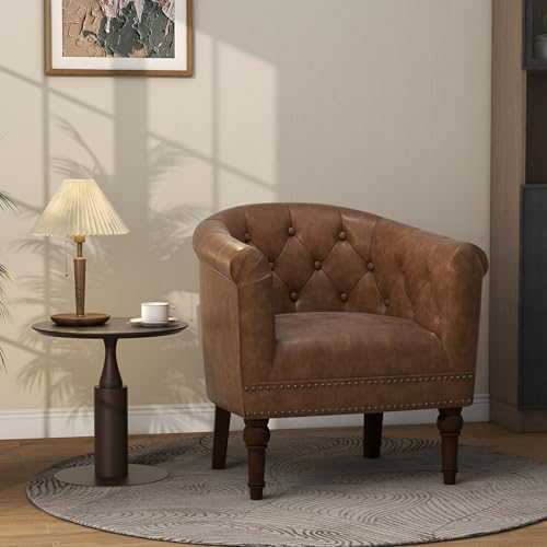 PU Leather Barrel Accent Chair, Modern Upholstered Club Chair, Brown | Comfy Living Room Chair, Nailed Trim Barrel Arm Chair Bedroom Reading Seat | 27"D x 30"W x 30"H - color: Tan