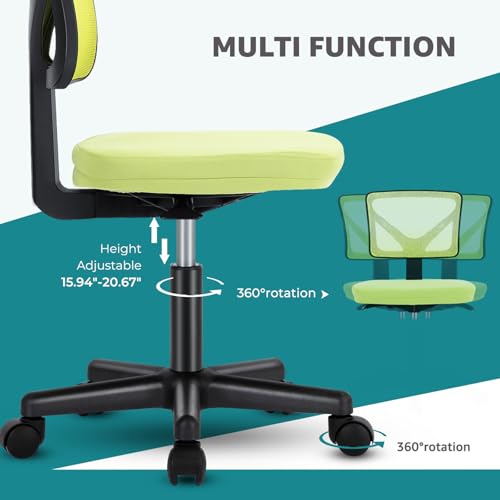 OLIXIS Armless Home Office Chair, Ergonomic Small Desk Chair | Mesh Back, Removable Washable Foam Cushion, Height Adjustable, Rolling Swivel Wheels, Small Space, Green - color: Green