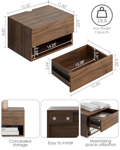 Modern Walnut Floating Nightstand with Drawer, Small Wall Mount Shelves | Small Space Saver, Modern Minimalist Design, Wall Mounted Shelves, for Bedroom, Bathroom, Living room, Easy Assembly, Walnut - color: Brown Walnut