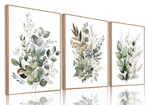Sage Green Botanical Framed Wall Art Set of 3, 12x16 inch | Modern Botanical Wall Decor, Sage Green Plant and Leaf Prints, Bedroom Bathroom Living Room Art - color: Green, size: 12"x16" Natural Framed