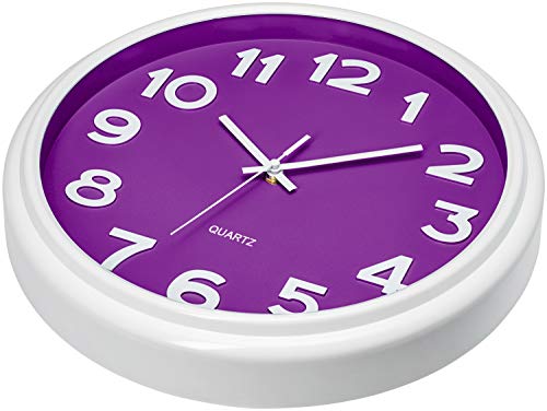 Bernhard Products Large 12.5 Inch Purple Wall Clock with Non-Ticking Sweep Movement, Quartz Analog Display, Solid Plastic Case, Metal Hands, Battery Operated, Easy to Read - style: Violet