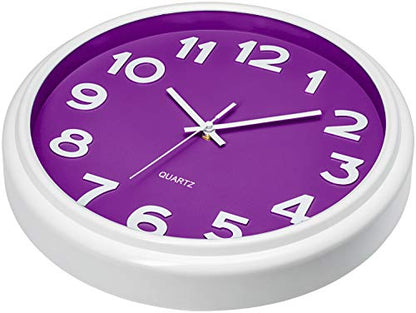 Bernhard Products Large 12.5 Inch Purple Wall Clock with Non-Ticking Sweep Movement, Quartz Analog Display, Solid Plastic Case, Metal Hands, Battery Operated, Easy to Read - style: Violet