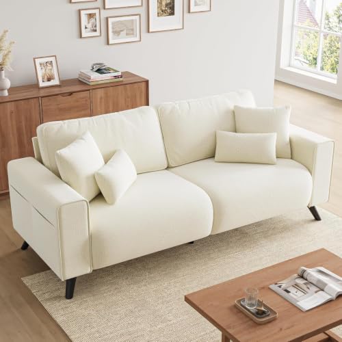 85" Loveseat Sofa, Chenille Couch with Deep Seat, Warm White | Clean-look modern couch with 4 pillows, hidden side pockets, easy assembly for living rooms, apartments, and offices - color: Warm White
