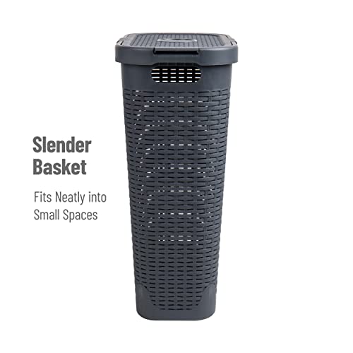 Mind Reader Slim Laundry Hamper with Lid, 40L Clothes Basket, Narrow Tapered Design with Ventilated Cutout Pattern, Plastic, Set of 2, Gray