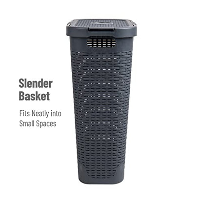 Mind Reader Slim Laundry Hamper with Lid, 40L Clothes Basket, Narrow Tapered Design with Ventilated Cutout Pattern, Plastic, Set of 2, Gray