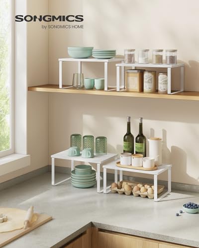 SONGMICS Cabinet Organizer Shelf, Set of 2 Kitchen Counter Shelves, Kitchen Storage, Spice Rack, Stackable, Expandable, Metal and Engineered Wood, Cloud White and Snow White UKCS02W01 (Pack of 2) - color: Cloud White + Snow White, size: 11.7"w (Pack of 2)