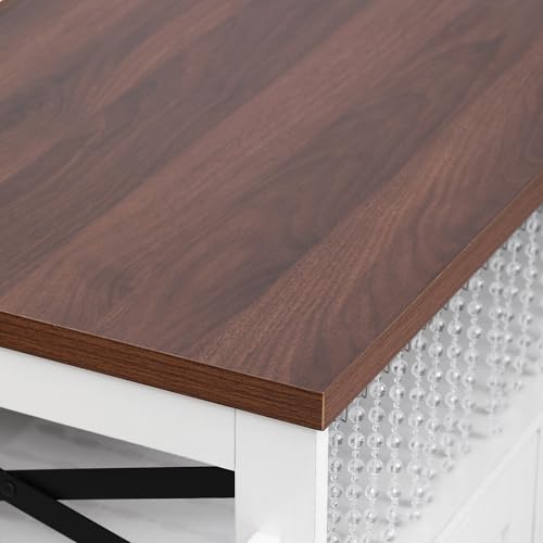 46.5'' Farmhouse Kitchen Island with Charging Station, Drop Leaf & Bead Drape - Mobile Rolling Cart, Ample Storage, Rustic Wood Grain Countertop for Compact Spaces (White+Brown) - color: White+brown)