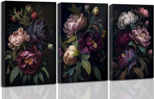 DYLGYWI 3 Pcs Moody Floral Canvas Wall Art | Vintage Dark Peony Flowers Botanical Still Life Picture Wall Decor Poster Print Artwork for Living Room Bedroom Home Decor - color: Black-Canvas, size: 16L" x 12W"