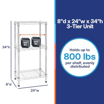 Shelving Inc. 8" d x 24" w Chrome Wire Shelving with 3 Tier Shelves | Weight Capacity 800lbs Per Shelf, Durable Kitchen and Garage Storage Shelves, Adjustable Shelf Organizer Storage Rack - size: 8" d x 24" w x 34" h