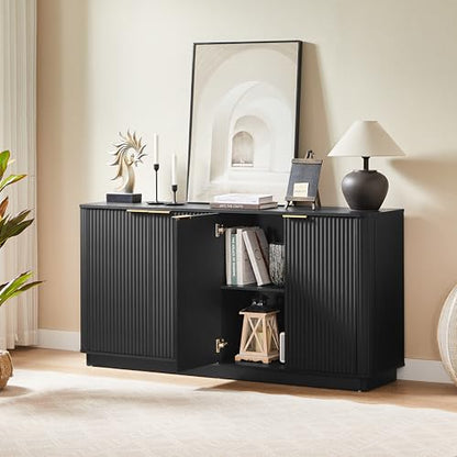 Modern 63 inch TV Stand, Black Media Console with Storage Cabinets and Vertical Stripe Design for Living Room, Curved Entertainment Center with Gold Handles for Bedroom and Hallway, Black-B - color: Black-b