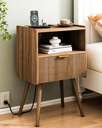 Nightstand with Outlet,Modern Bedside Table with Storage Drawer and Open Wood Shelf, for Living Room, Bedroom and Small Spaces, Accent Night Stand with Solid Wood Legs, Easy Assembly,Brown - color: Walnut Brown-outlet