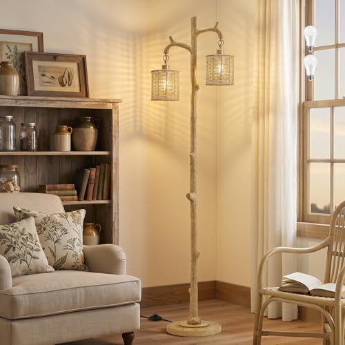 EJIAXIN Floor Lamp for Living Room - 69" Farmhouse Tree Trunk Standing Lamps - Country Resin Tall Lamp with 2 Rattan Lampshade - Rustic Floor Lamp for Bedroom Office Home Decor - color: Beige