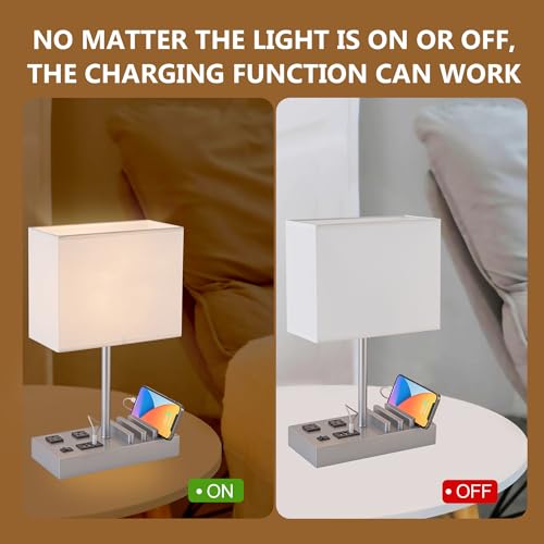 Dreamholder Bedside Table Lamp with 3 USB Charging Ports, 2 AC Outlets and 3 Phone Stands, Modern USB Desk Lamp with Silver Wooden Base