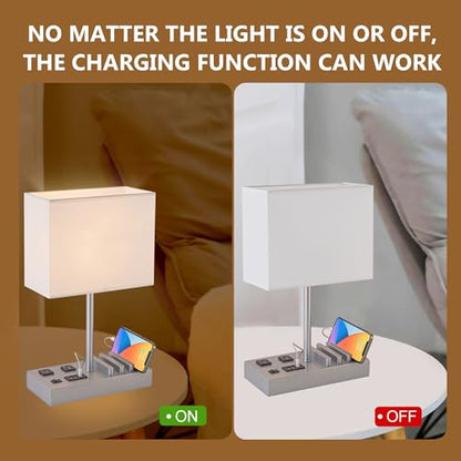 Dreamholder Bedside Table Lamp with 3 USB Charging Ports, 2 AC Outlets and 3 Phone Stands, Modern USB Desk Lamp with Silver Wooden Base
