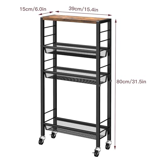 Slim Rolling Cart, 4-Tier Narrow Kitchen Storage Cart, Slim Utility Cart on Wheel, Skinny Bathroom storage cart with Wood Tabletop, 6.0" Deep, For Kitchen, Dining Room, Living Room, Laundry Room