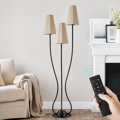 Dimmable Sculptural Vintage Floor Lamp, 3-Light Standing Lamps with Curved Iron Base & Octagonal Linen Shades, Statement Lighting for Living Room, Bedroom, Studio (Remote-Natural Linen Shade) - color: Remote-Natural Linen Shade