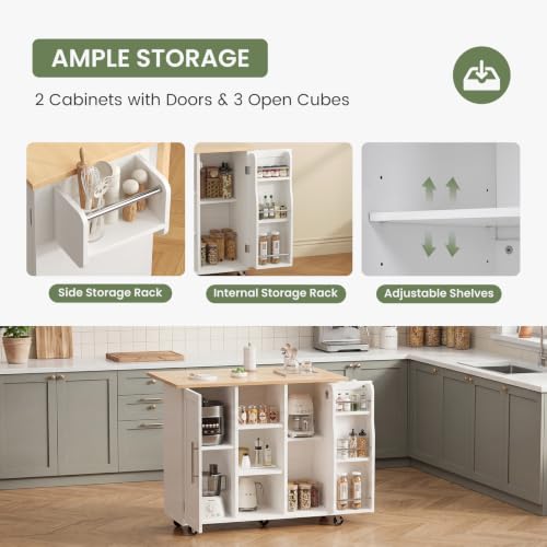 DUMOS 42in Kitchen Island with Storage, Drop Leaf, Spice Rack, Towel Rack | Rolling Cart on Wheels, Adjustable Shelves, Wood, Mobile Utility Serving Table, Living Room, Dining Room, White - color: White
