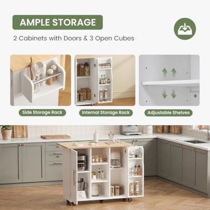 DUMOS 42in Kitchen Island with Storage, Drop Leaf, Spice Rack, Towel Rack | Rolling Cart on Wheels, Adjustable Shelves, Wood, Mobile Utility Serving Table, Living Room, Dining Room, White - color: White