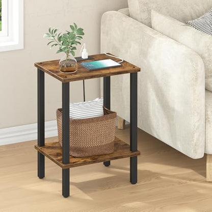 TUTOTAK End Table with Charging Station, Side Table Set of 2, Nightstand | 2-Tier Storage Shelf, Bedside Table with USB Ports, Sofa Table for Small Space Livingroom Bedroom Brown and Black TB01BB041 - color: Brown