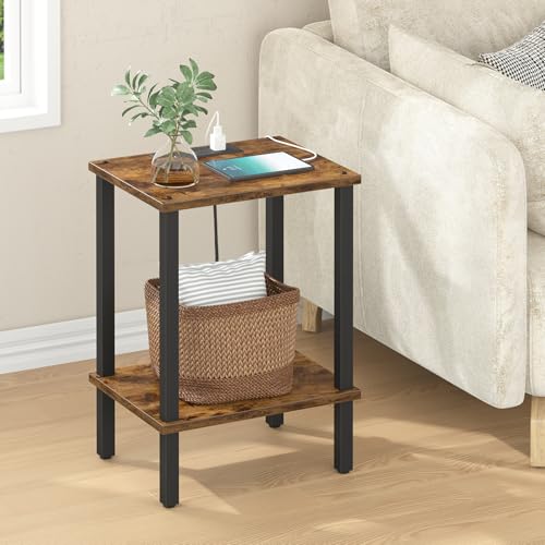 TUTOTAK End Table with Charging Station, Side Table Set of 2, Nightstand | 2-Tier Storage Shelf, Bedside Table with USB Ports, Sofa Table for Small Space Livingroom Bedroom Brown and Black TB01BB041 - color: Brown